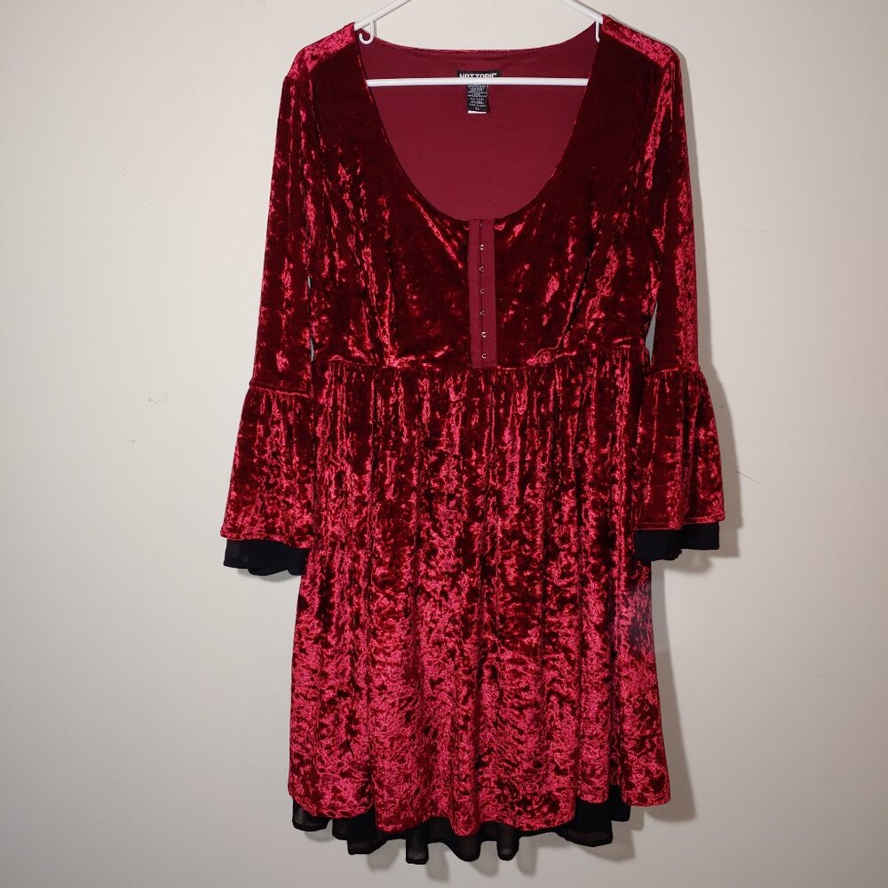 Hot Topic Burgundy Red Crushed Velvet Bell Sleeves Corset Midi Dress Sz XL